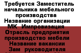 Требуется Заместитель начальника мебельного производства  › Название организации ­ МК “Импровизация“ › Отрасль предприятия ­ производство мебели › Название вакансии ­ Зам. руководителя › Место работы ­ Марии Цукановой, 81 › Подчинение ­ Директору › Минимальный оклад ­ 40 000 › Максимальный оклад ­ 70 000 › Возраст от ­ 22 › Возраст до ­ 55 - Иркутская обл., Иркутск г. Работа » Вакансии   